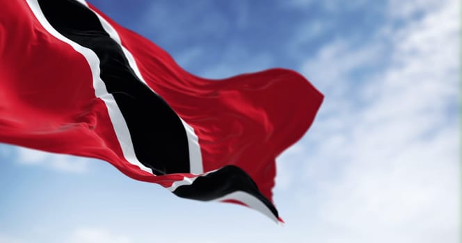 Detail of Trinidad and Tobago national flag waving. The Republic of Trinidad and Tobago is an island state in the Caribbean. 3d illustration render. Rippled fabric. Selective focus. Close-up