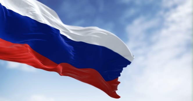 Three national flags of Russia waving in the wind on a clear day. White, blue and red horizontal stripes. Russian Federation flag. 3D illustration render. Fluttering textile.