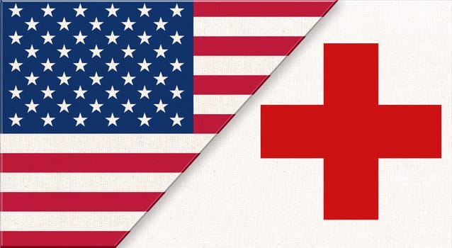 Flags of USA and International Committee of the Red Cross. American and humanitarian organization flags on fabric surface. USA and Red cross relations. National symbol of USA