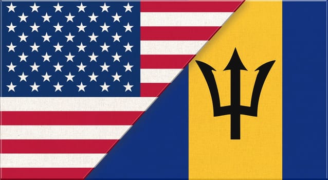 Flags of USA and Barbados. American and Barbados national flags on fabric surface. Flag of USA and Barbados- 3D illustration. Two Flag Together - Fabric Texture