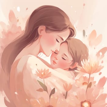 Celebrate the love and affection of motherhood with this image of a mother and child embracing, surrounded by flowers and gifts as symbols of love and appreciation. The warm and soft color palette, featuring pinks and pastels, conveys a sense of tenderness and affection. The intimate composition style focuses on the mother and child, the focal point of the image, capturing the depth of their bond. It's a celebration of the selfless love and nurturing that mothers provide.