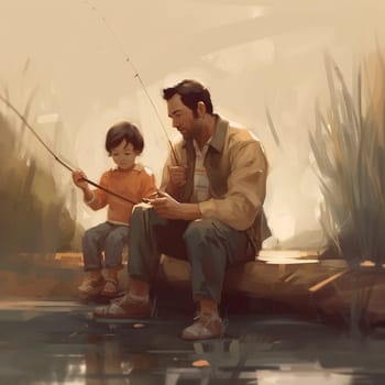 An image that celebrates the bond between a father and his child. The composition features a father and child engaged in an activity they both enjoy, such as fishing or playing sports. The style is realistic with warm colors that capture the feeling of love and connection between a father and child on this special day.