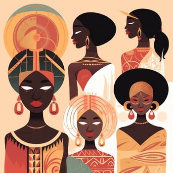Celebrate the power and potential of African women with this inspiring cartoon image! This uplifting image promoting gender equality and empowerment, with traditional decorations and symbols of strength and beauty.