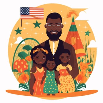 Celebrate freedom and unity with this meaningful cartoon image! This powerful image symbolism of Juneteenth, with traditional decorations and symbols of history and progress.