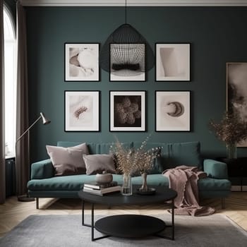 Check out this modern living room with a dark sofa as the centerpiece! The room features three frames hanging on the wall, each showcasing a unique artwork that complements the color palette of the room. This is the perfect space for relaxation and entertainment.