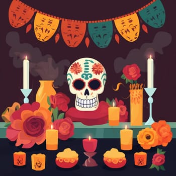 Honor the departed and celebrate life with this vibrant cartoon image! This colorful image engaging in the traditions and symbolism of the Day of the Dead, with traditional decorations and symbols of remembrance and reverence.