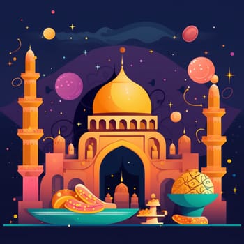 Celebrate the end of Ramadan with this festive cartoon image! This lively image enjoying the festivities and symbolism of Eid al-Fitr, with traditional decorations and symbols of joy and gratitude.