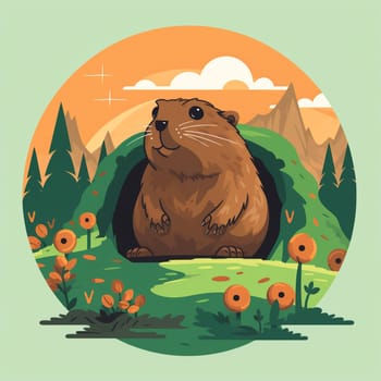 Capture the natural beauty and wonder of Groundhog Day with this image of a groundhog emerging from its burrow! The simple and uncluttered composition style, with the groundhog as the focal point of the image, conveys the essence of this holiday. The brown and green color palette, which conveys a sense of the natural environment, adds depth and meaning to the image.