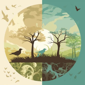 Experience the beauty and fragility of our planet on Earth Day, a day dedicated to promoting environmental protection and awareness, with this image featuring elements such as trees, animals, and landscapes. The color palette, including shades of green, blue, and brown, evokes a sense of harmony and balance. The composition style, inspired by environmental art, captures the intricate connections between all living things and the natural world. It's a celebration of our shared responsibility to care for the planet and preserve it for future generations.