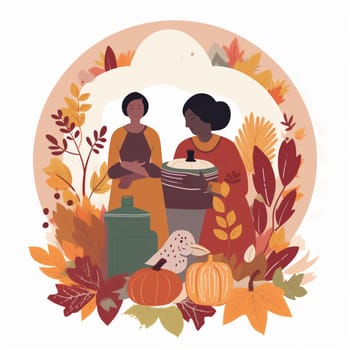 Join in the celebration of Thanksgiving with this warm and inviting image of a festive feast with family and friends. The table is set with traditional Thanksgiving fare, including a roasted turkey, mashed potatoes, stuffing, cranberry sauce, and pumpkin pie. Autumn leaves and gourds adorn the table, adding to the cozy and rustic atmosphere. This image represents the holiday's focus on togetherness, gratitude, and giving thanks.