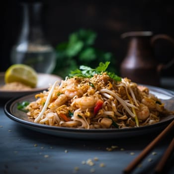 Thai Pad Thai is a colorful and flavorful dish featuring a tangy and savory mixture of rice noodles, usually stir-fried with shrimp, tofu, bean sprouts, and egg, flavored with tamarind paste, fish sauce, and chili flakes. The Pad Thai is garnished with crushed peanuts, fresh cilantro, and a lime wedge. The lively and colorful street food scene in the background creates a festive and vibrant atmosphere. The photo was taken with a 50mm prime lens on a full-frame camera using bright, natural lighting with a reflector to enhance the texture and colors of the food, creating a lively and festive mood.