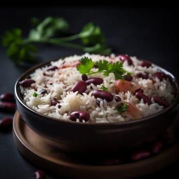 Indulge in the flavors of Belizean Rice and Beans, a dish made with fluffy and fragrant rice cooked with tender red beans and flavored with coconut milk, onions, and spices like thyme and garlic. Served with a side of fried plantains and a refreshing salad of lettuce and tomatoes, this dish is perfect for a relaxed and inviting meal. Captured in bright and natural lighting, this close-up shot highlights the texture and colors of the food, while the colorful beach scene in the background adds to the tropical atmosphere.