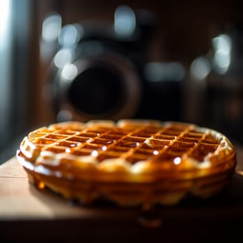 Indulge in the sweet and crispy goodness of a Dutch stroopwafel with this mouth-watering close-up shot. The dish features two thin and crispy waffle discs with a layer of sweet caramel syrup in between. The waffle is served warm, fresh from the waffle iron, and sprinkled with a touch of cinnamon. In the background, there's a cozy café scene, with steaming cups of coffee and friendly chatter adding to the warm and inviting atmosphere. The soft, natural lighting with a reflector enhances the texture and colors of the waffle, creating a comfortable and welcoming mood.