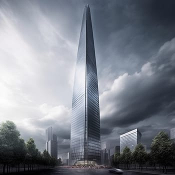 Enter a world of power and influence with this sleek, modern skyscraper. The building has a distinctive design and striking features, with clean lines and bold angles that emphasize its height and grandeur. There's a sense of awe and wonder that permeates the scene, with the suggestion of a building that's at the forefront of modern design and technology. Whether you're looking for a symbol of wealth and success or just want to marvel at the beauty of a striking skyscraper, this image is sure to impress.