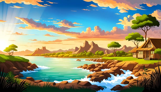 Cottage house near rocks and the ocean by sunset - Generative AI