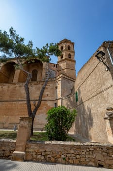 Old historic church of Sant Pere (Parroquia de Sant Pere), one of the biggest churches of Mallorca is located in the small villige of Petra. Mallorca. Balearic Islands Spain.
