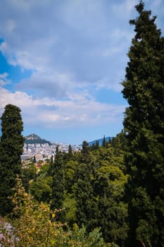 View of Lycabettus hill in background from Areopagus hill with rich foliage and high cedar or cypress trees in foreground. Athens, Greece. Summer daylight and blue sky with some clouds. Vertical shot. Selective focus