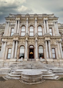 Facade of 18th century Ottoman era Beylerbeyi Palace, located at the Asian shore Bosphorus strait north of Bosphorus Bridge, Istanbul, Turkey