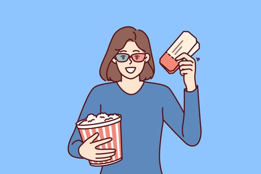 Woman with popcorn and tickets for cinema invites to visit interesting new blockbuster this weekend. Happy girl in 3d cinema glasses rejoice at opportunity to watch new film with special effects