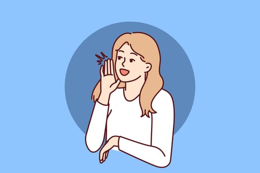 Woman screams with hand to mouth to announce start of seasonal sale or discounts for shopping. Beautiful girl promoter screams calling to pay attention to promotional product or service
