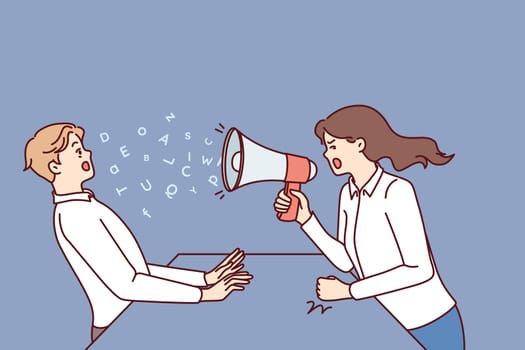 Woman boss yells at subordinate through megaphone and gets angry because of refusal to follow order. Aggressive boss yells at man showing unprofessionalism and disregard for rules of subordination