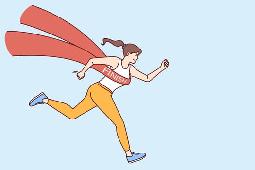 Running woman athlete with finishing tape symbolizes victory in marathon or mass sports competition. Running girl with determined emotions wins championship or sets new speed record.