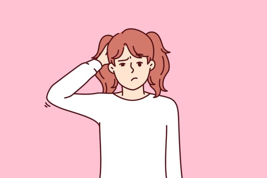 Confused little girl scratching head and looking at screen not knowing right answer to question or trying to make difficult choice. Confused child teenager guilty having committed prank