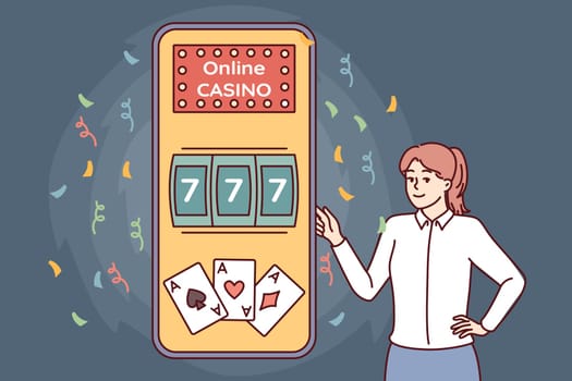 Woman near phone with online casino offers to use gambling applications with possibility of getting jackpot. Giant smartphone with internet casino website for games with big cash prize