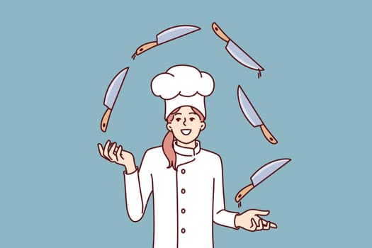 Woman chef juggles knives demonstrating professional skill and promising cooking delicious dinner