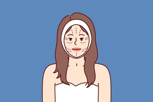Face of woman with lines for plastic surgeon or cosmetologist doing cosmetic lifting procedure. Girl wants to have plastic surgery at surgeon, for facial rejuvenation and skin tightening