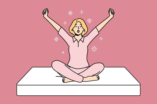 Woman sits on soft mattress and yawns getting ready for healthy sleep furniture concept. Girl in pajamas wakes up with good mood using orthopedic mattress for comfortable night rest
