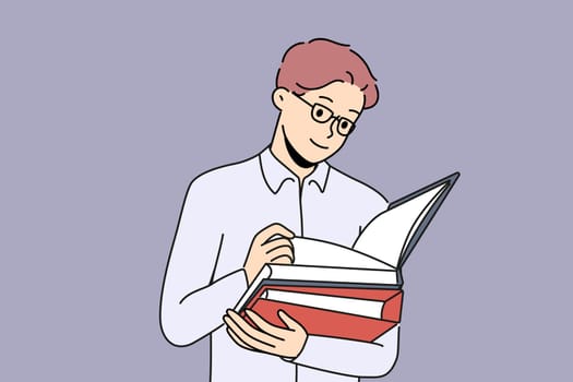 Business man with folders for documents works as lawyer in large corporation. Guy office worker with papers makes career as business auditor checking accounting statements of employer company