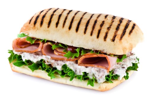 Ham and vegetable sandwich over white background