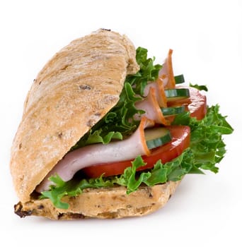 Freshly made ham and vegetable sandwich - isolated