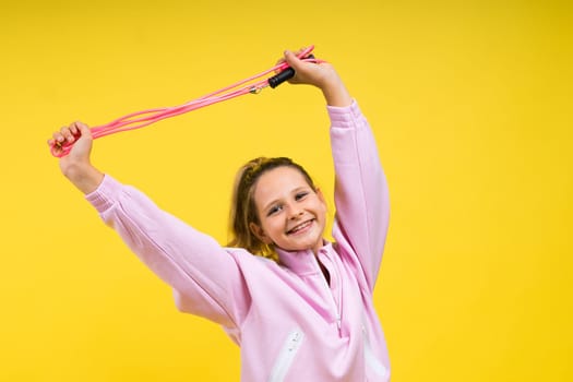 Little kid girl 12,13, 14 years old isolated background. Happy teenager, positive and smiling.
