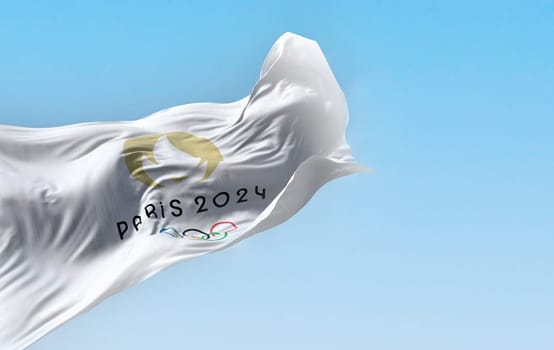Paris, FR, May 23 2023: the flag of Paris 2024 Olympics Games waving in the wind. Upcoming international sporting event. Illustrative editorial 3d illustration render. Selective focus