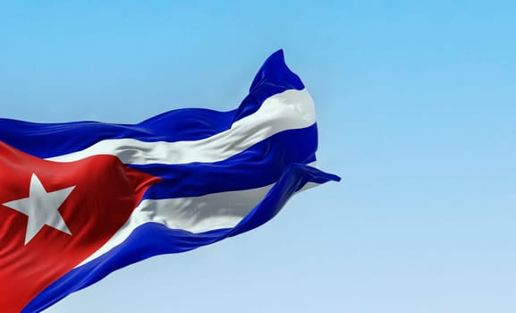 Cuba national flag waving in the wind on a clear day. Five blue and white stripes, a red triangle at the hoist with a white star. Latin american country. 3d illustration render. Fluttering fabric.