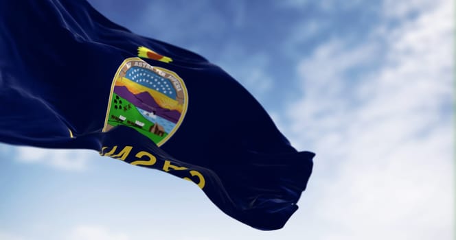 Kansas state flag waving in the wind on a clear day. Kansas is a state in the Midwestern United States. 3d illustration render. Rippled Fabric.
