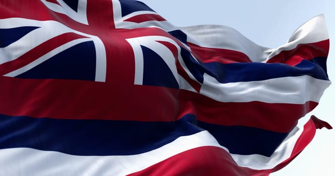Close up of the Hawaii state flag waving in teh wind on a clear day. Eight horizontal stripes white, red, blue, Union Jack in canton3d illustration render. Fluttering fabric