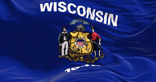 Close-up of Wisconsin state flag waving in the wind. Upper Midwestern United States state. 3d illustration render. Fluttering fabric.