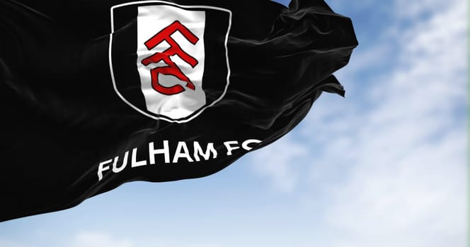 London, UK, jan 2023: flag of Fulham Football Club waving. Professional Football club based in London. English Premier League. Fluttering fabric. Illustrative editorial 3d illustration render