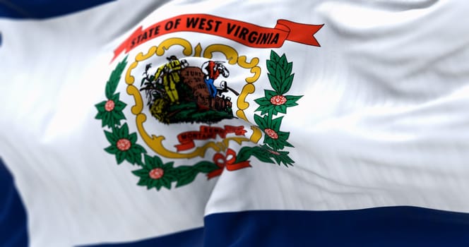 Close-up of West Virginia state flag waving in the wind. White field, blue border, state coat of arms, and red ribbon. 3d illustration render. Fluttering fabric. Selective focus