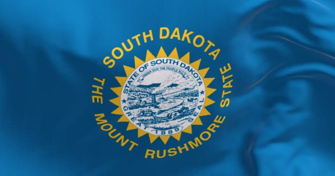 Close-up of the South Dakota flag waving in the wind. Sky blue field, the state seal, and inscriptions of South Dakota and The mount rushmore state. 3d illustration render. Fluttering fabric