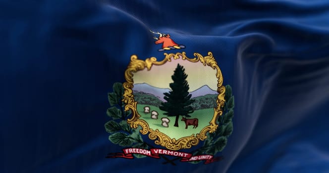 Close-up of the Vermont state flag waving in the wind. Blue background with State coat of arms and motto. 3d illustration render. Selective focus. Fluttering fabric.