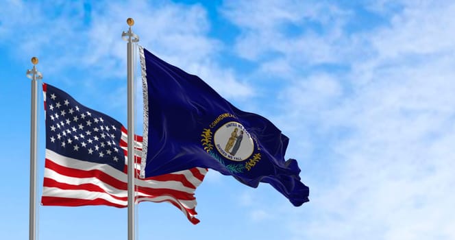 Flags of Kentucky and the United States waving in the wind on a clear day. Southeastern state of the United States. 3d illustration render. Fluttering fabric.