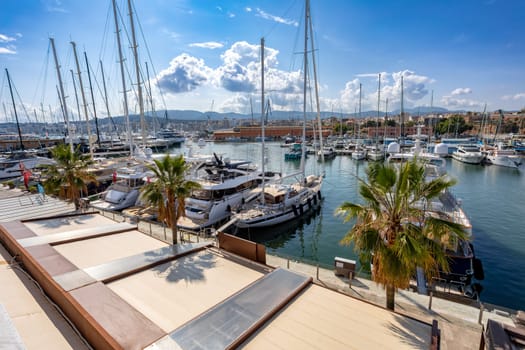 Scenic view of capital city Palma de Mallorca port. Sunny day with blue sky. Balearic Islands Mallorca Spain.