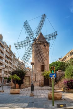 Palma de Majorca windmills, wind mill in street Molins del carrer Industria ,Palma de Mallorca, Balearic Islands Mallorca Spain.