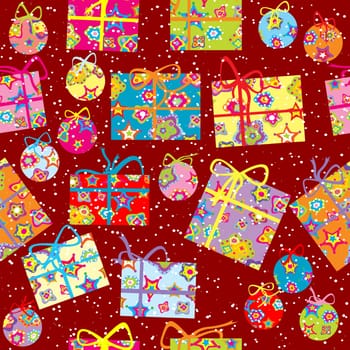 Christmas wrapping paper with gift packages and globes