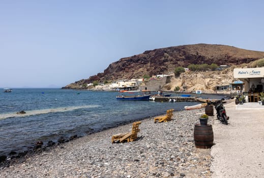 Akrotiri, Santorini, Greece - July 1, 2021: View of the coast at Akrotiri in Santorini. Greece