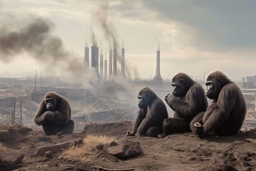 Gorilla and industrial factory, disaster for wildlife animals, damage of the environment and ecosystem, climate change, generative AI
